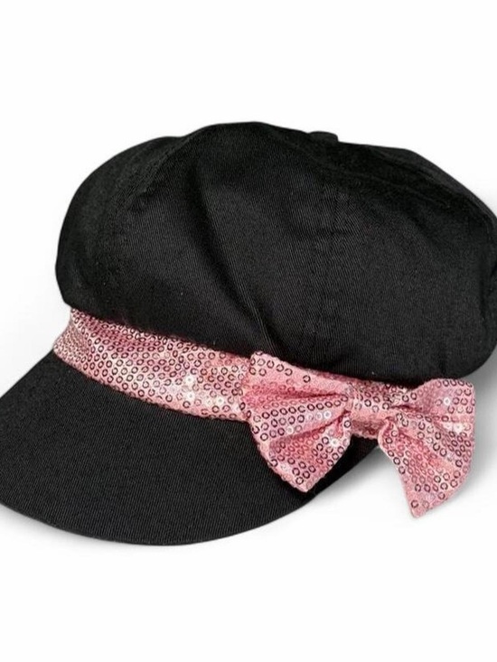 Y2K Black Newsboy Cap with Pink Sequin Bow main image 5